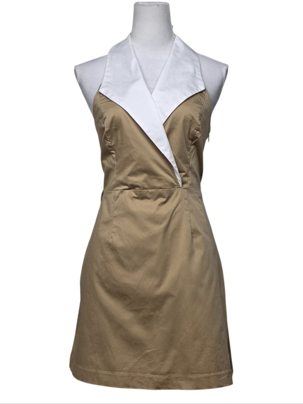 Anthropologie x Hutch Khaki Mini Dress wWhite Tuxedo Lapel Style Collar Sz 10